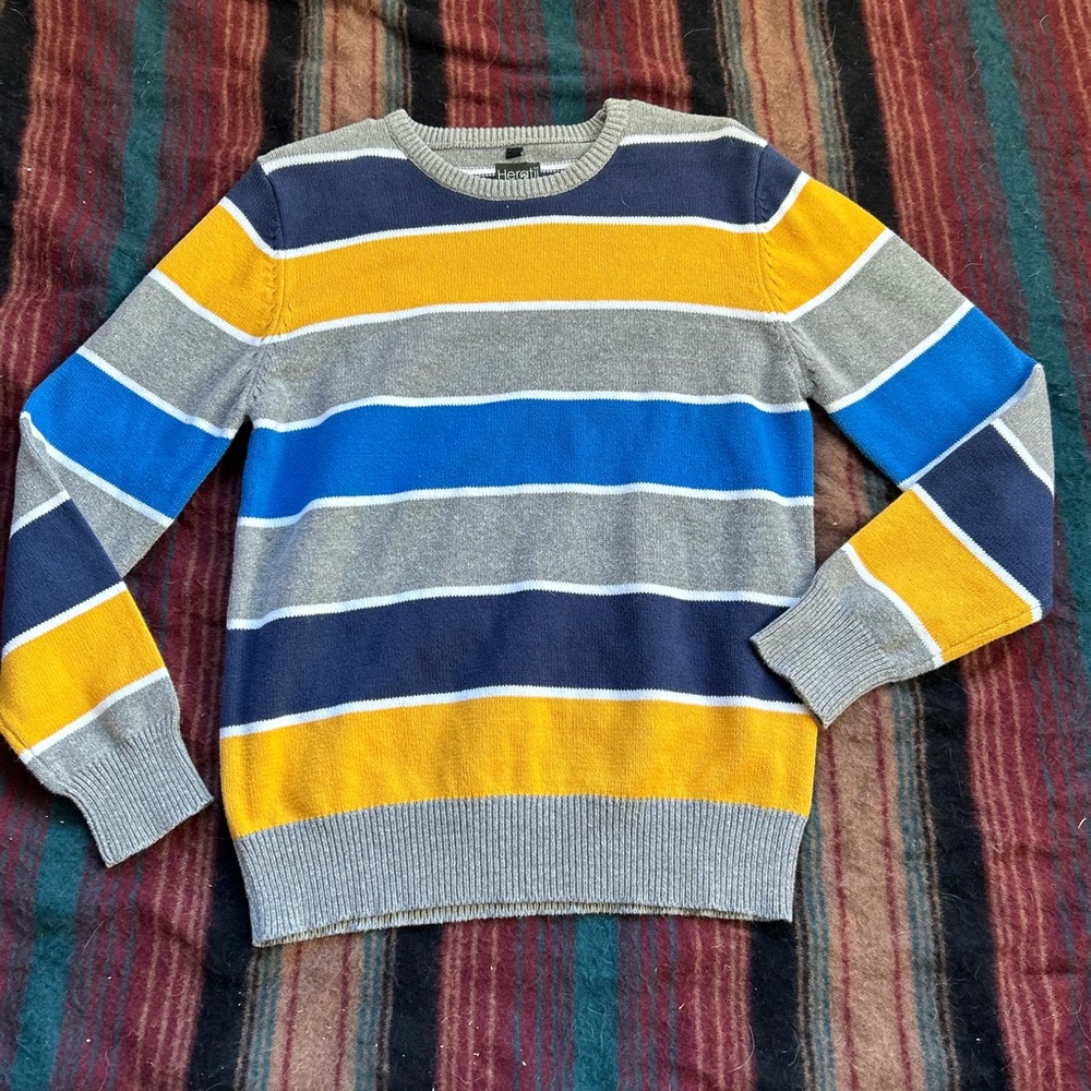 Blue/yellow/gray striped crewneck sweater